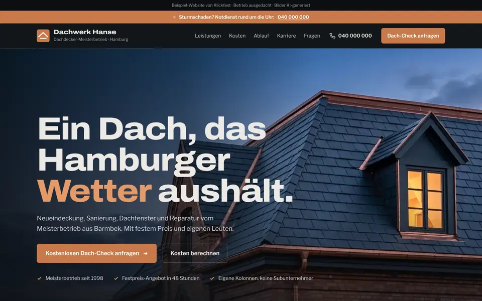 Beispiel-Website Dachdecker Dachwerk Hanse