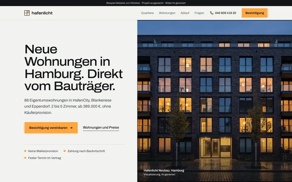 Beispiel-Website Immobilien Hafenlicht mit Wohnhaus am Abend