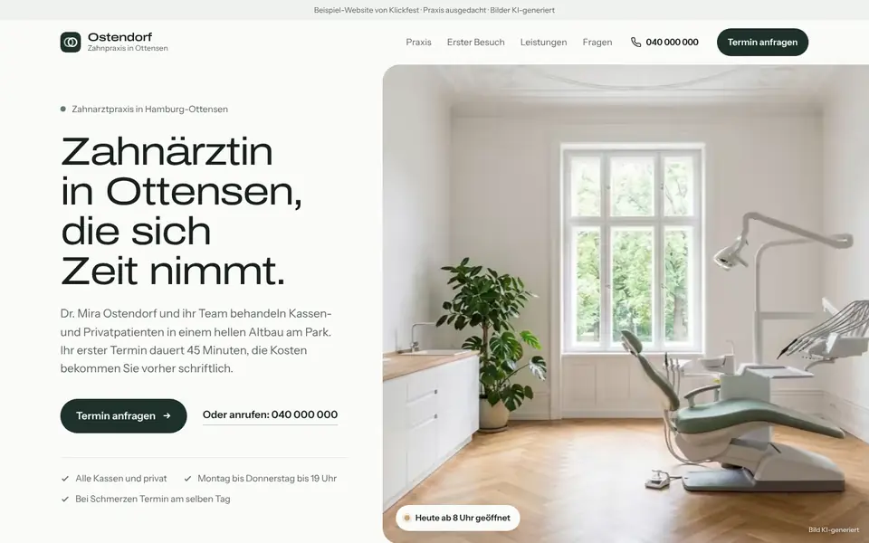 Beispiel-Website Zahnpraxis Ostendorf mit hellem Behandlungsraum